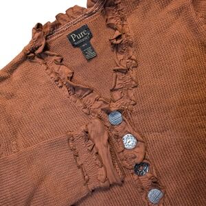 Pure Handknit Women Terracotta Brown Ruffle V-Neck Cotton Cardigan‎ Sweater M/L